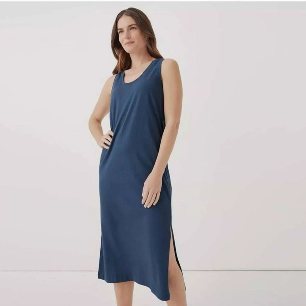 Pact 100% Organic Cotton Blue Sleeveless Midi Dress Scoop Neck Size M Minimalist